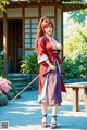 A woman in traditional attire holds a sword outside a wooden building with greenery around.