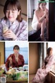 A collage of photos of a woman in a bathrobe eating food.