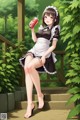 A woman in a maid outfit holding a drink.