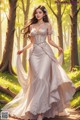 A woman in a wedding dress walking through a forest.