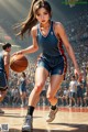 A woman in a basketball uniform dribbling a basketball on a court.