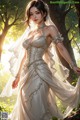 A woman in a wedding dress standing in the woods.