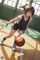 A girl in a basketball uniform dribbling a basketball on a court.