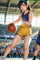 A woman in a yellow and blue uniform holding a basketball.