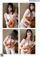 A woman in a bikini playing a ukulele.